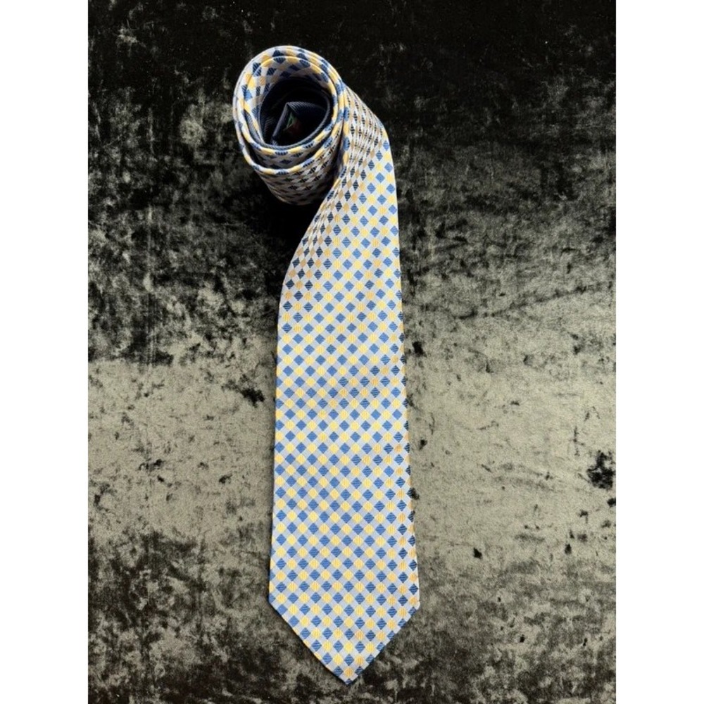Tommy Hilfiger 100% Silk Tie Blue Yellow Diamond Geometric USA Made 3.25"